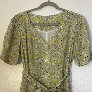 J Peterman | New Ditsy floral yellow midi dress Women’s size S button down Silk